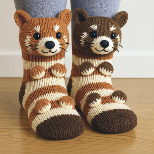 Knitted animal socks resembling raccoons on a wooden floor.