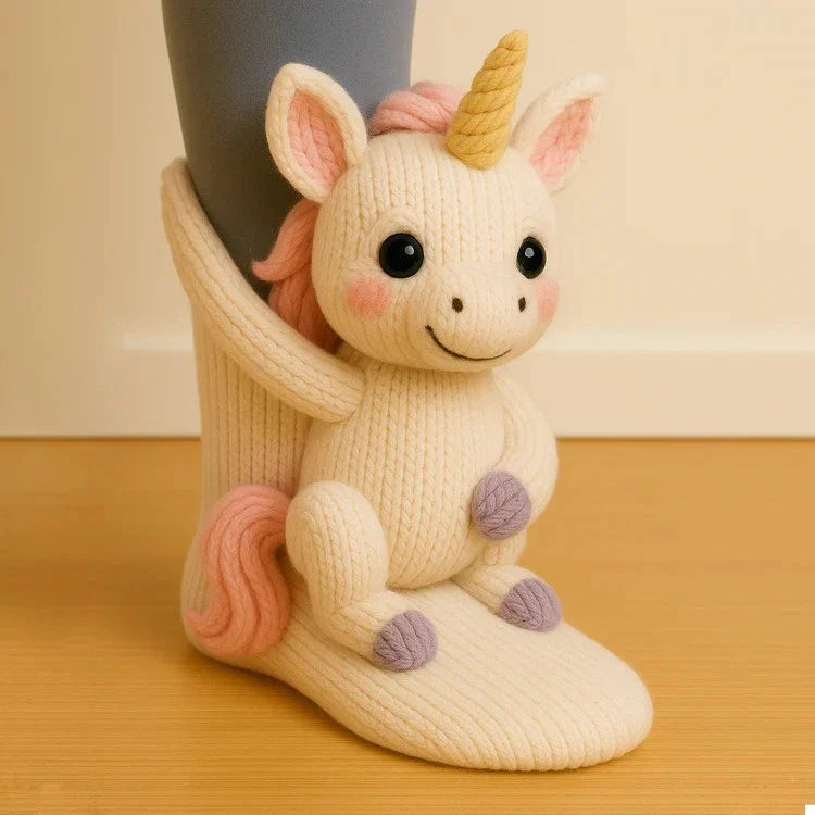 Knitted unicorn bootie worn on a foot with a plain background