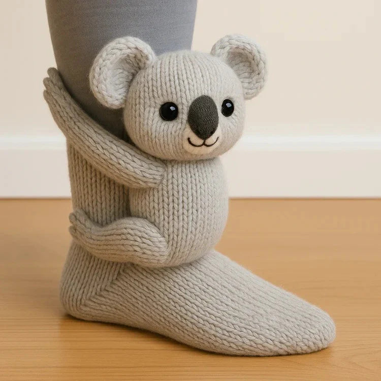 Knitted koala-shaped sock on a wooden floor