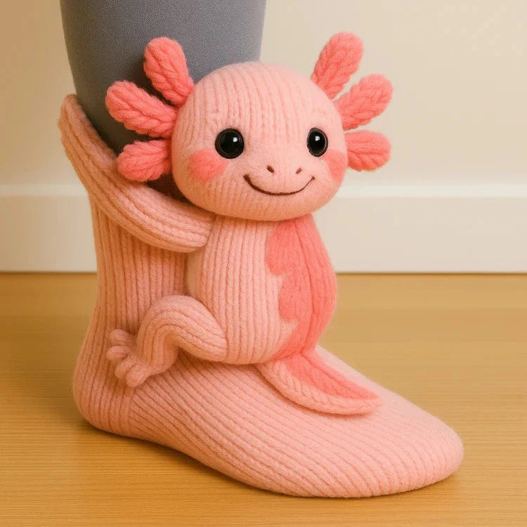 Pink axolotl-shaped sock on a wooden floor