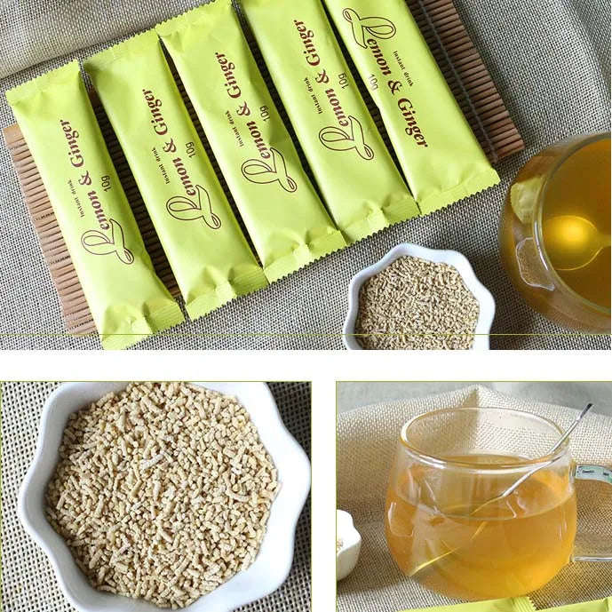 Collage of lemon and ginger tea packets, tea leaves, and a cup of tea.