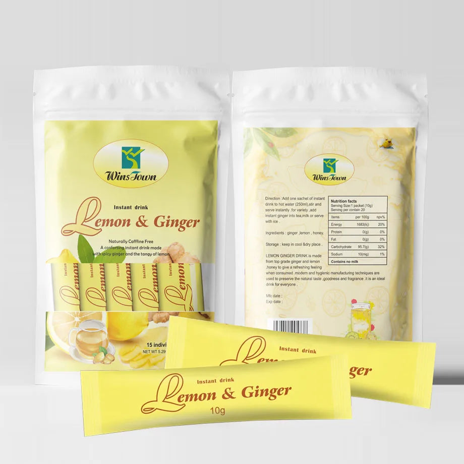 Wiss-Town Lemon & Ginger instant drink package on a white background