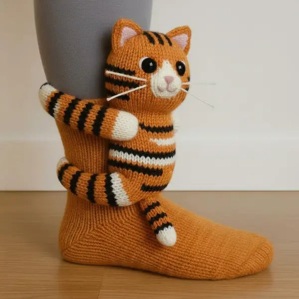 Knitted tiger design sock on a person's foot with a plain background